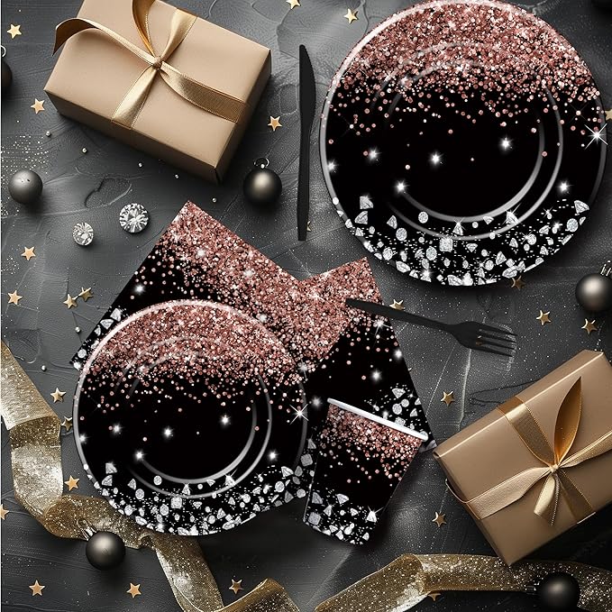 Xigejob Rose Gold And Black Party Decorations Tableware - Glitter Diamond Theme Rose Gold Party Supplies for Wedding Bridal Shower Birthday, Paper Plate, Cup, Napkin, Cutlery | Serves 24