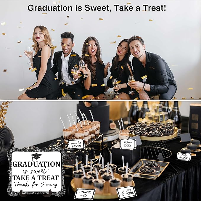 20PCS Graduation Candy Buffet Labels, 1 Black Glitter Candy Buffet Table Sign with Stand, Catering Supplies Display for Graduation Decorations Class of 2026 -A02