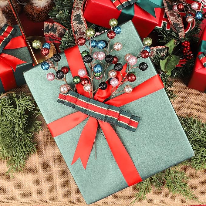 HOHOTIME 24 Pack Artificial Berry Stems Branches, Christmas Faux Holly Colorful Berries Branches Ornaments for Christmas Tree Wreath DIY Craft Decorations Holiday Home Decor(Colorful)