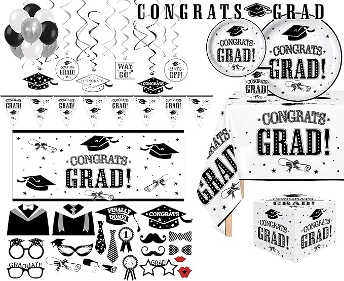 Oojami Graduation Party Supplies 2025 – Complete Set for 30 Guests with Plates, Cups, Napkins, Table Covers, Balloons, Photo Props, Banners & Card Box – Disposable Black & White Decor Kit