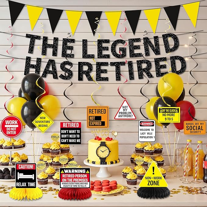 Roetyce Retirement Decorations Men Women, Caution Happy Retirement Banner Hanging Swirls Centerpieces Kit, Funny Legend Retired Party Supplies Backdrop for Coworker Family