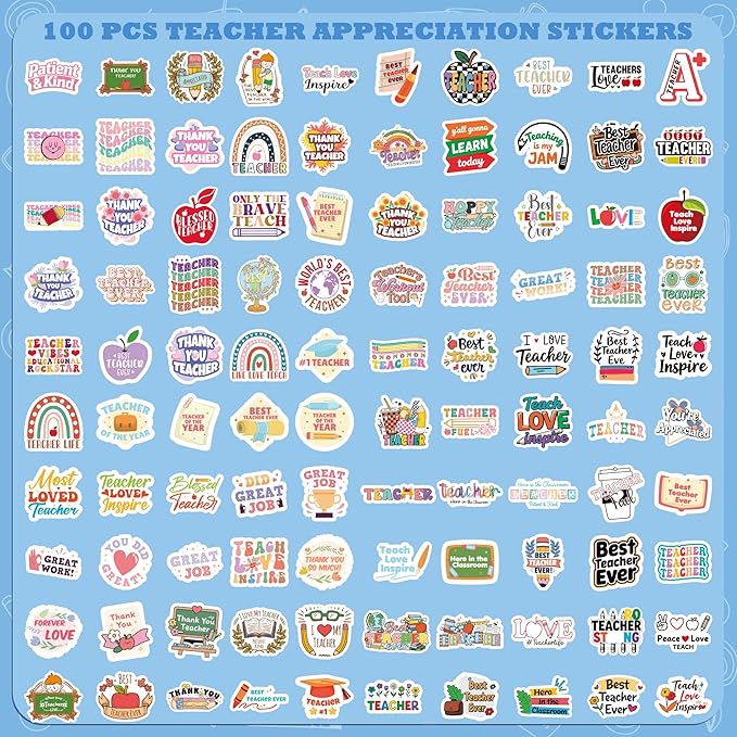 Teacher Appreciation Gifts – 100 PCS Funny Teacher Stickers | Teacher Appreciation Decorations - Teacher Must Haves Supplies Stuff Essentials Games Toys Gifts for School Classroom Students
