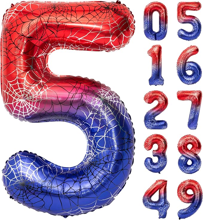 40 Inch Red and Blue Spider Theme Large Number 5 Balloon Giant Foil Birthday Balloons for Spider Theme Party Boy or Girl 5 th Birthday Wedding Anniversary Baby Shower Party Decorations