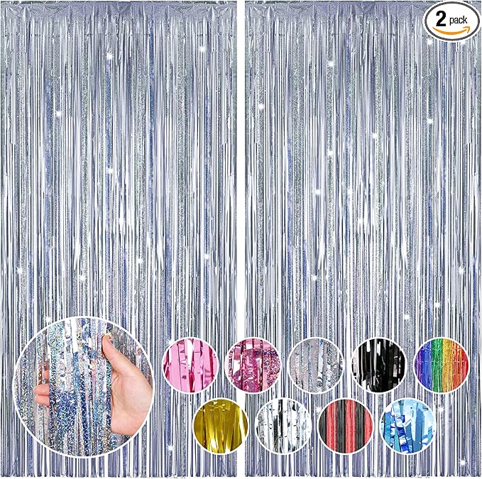 RUBFAC 2 Pack Shimmer Silver Backdrop Party Decorations Foil Fringe Curtains Tinsel Metallic Streamers Photo Booth Streamer for Bachelorette Wedding Engagement Baby Shower Birthday Party Supplies