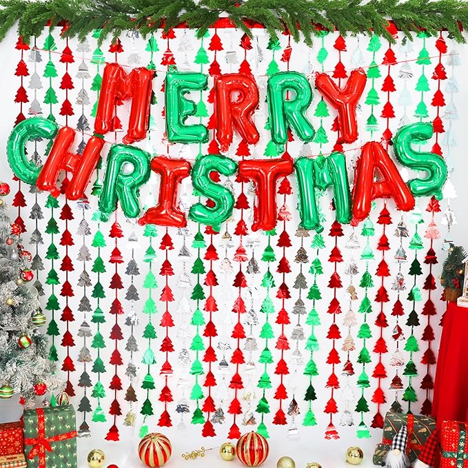2Pack Christmas Foil Fringe Curtains with Merry Christmas Balloons, 3.3 x 6.6Ft Tree Backdrop Tinsel Photo Booth Props Streamers for New Year Ugly Sweater Xmas Party Decorations Supplies