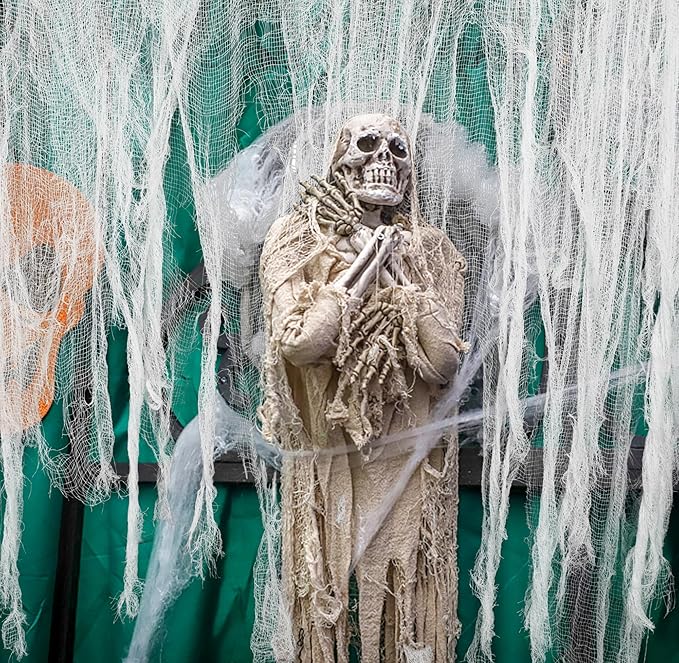 Watayo 300 x 80 Inch Halloween Creepy Cloth, White Large Size Halloween Scary Spooky Cloth, Windows Doorways Cover Gauze for Holiday Party Haunted House Decorations