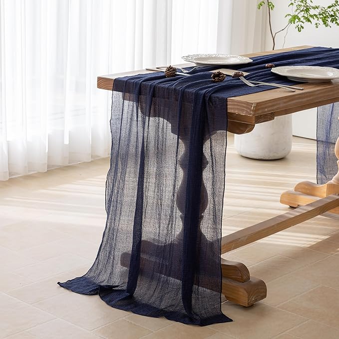 Keketoarrange Navy Blue Gauze Rustic Cheesecloth Table Runner 120 Inch 10 FT for Wedding Baby Shower Bridal Shower Birthday Engagement Garden Outdoor Party Long Sheer Boho Decorations