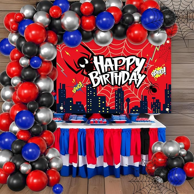 Red Theme Borthday Party Decorations Kit -Red Blue Black Latex Balloons Arch Garland with Web Backdrop for Boys Girls Kids