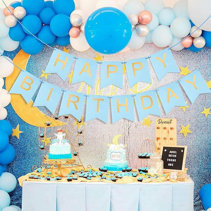 Blue Happy Birthday Banner - Light Blue Hanging Backdrop Sign with Gold Letters, Happy Birthday Sign Bunting Decorations for Women men Kids Baby Shower Party Supplies (13pcs)