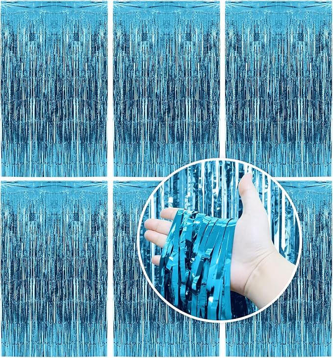 Homiest 6 Pack Light Blue Tinsel Backdrop, 3.3x6.6 FT Metallic Tinsel Foil Fringe Curtains Party Decorations, Birthday Door Streamers for Baby Shower Wedding, Photo Booth Props Background Wall Decor