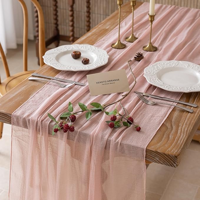 Keketoarrange 3pcs Dusty Pink Gauze Rustic Cheesecloth Table Runner 120 Inch 10 FT for Wedding Baby Shower Bridal Shower Birthday Engagement Garden Outdoor Party Long Sheer Boho Decorations