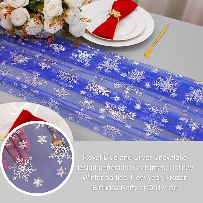 Snowkingdom Blue Silver Christmas Snowflake Table Runner, 10ft Royal Blue Tulle Gauze Sheer 120 Inch Winter Cheesecloth Table Runner for Seasonal Holiday Party, New Year, Wedding Dining Table Decor
