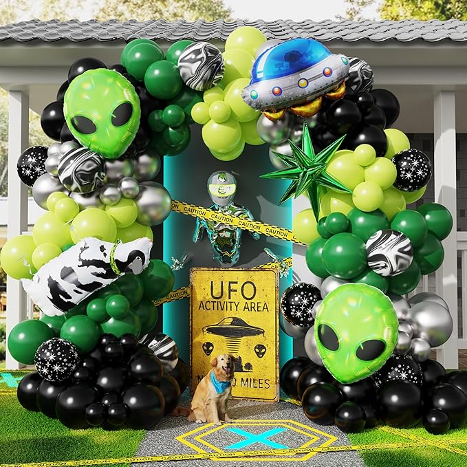 154pcs Alien Balloon Arch Kit - Green Black Silver Latex Balloons with Alien/UFO/Cow/Burst Foil Balloons for Alien Decorations, Space Birthday, Trunk or Treat Car Decor