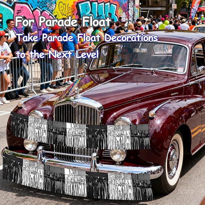 4 Packs Total 39 Ft Parade Floats for Trailer Car, Black Gold Silver Foil Fringe Garland Tinsel Streamers Banner Table Skirts for Graduation Homecoming New Year's Eve Birthday Party Decor