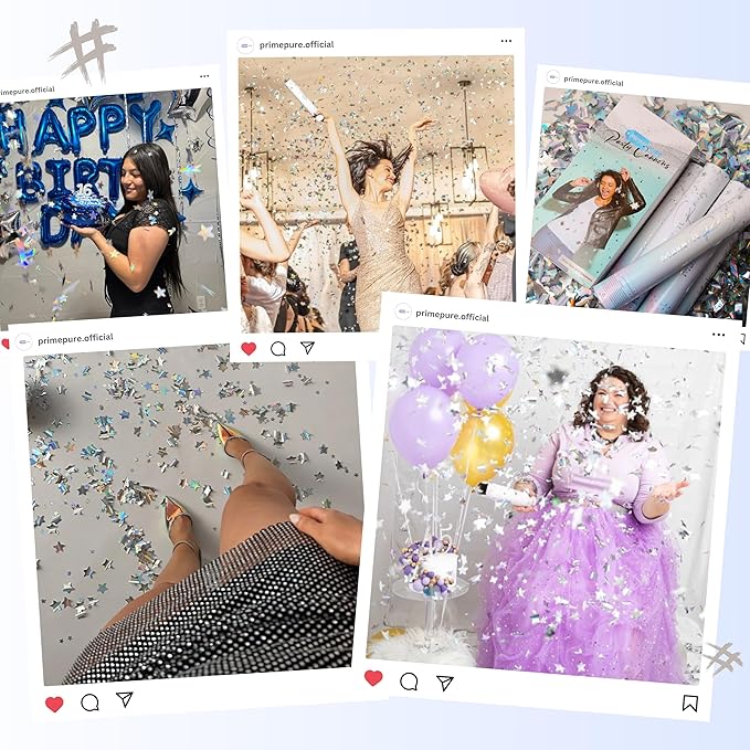 PrimePure Confetti Cannon Party Poppers - Holographic Silver Stars Confetti Popper - 6 Pack - Party Cannon Silver Glitter Star Pop Gun for Birthday, Wedding, Graduation, Celebration, Pranks