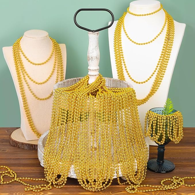 100PCS Bead Necklace, Gold Mardi Gras Beads Party Stuff, 33" Mardi Gras Christmas Beads Toy Costume, Festival Parade Throw Accessories for Wedding Birthday Pirate Party Baby Shower Supplies Decor