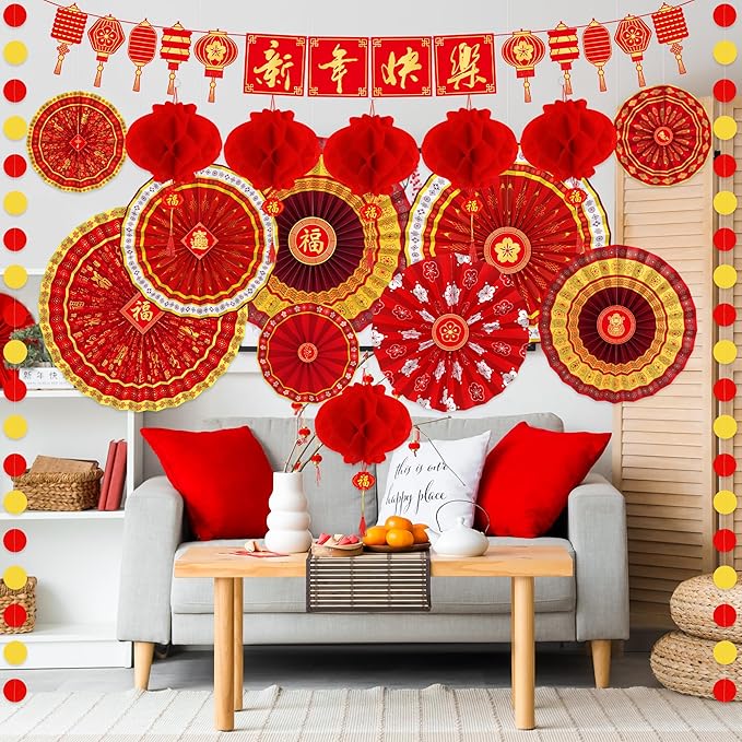 26 PCS Lunar New Year Decorations, Chinese New Year Paper Fans Set, Red and Gold Party Decorations with Paper Fans, Red Lanterns, Banner and Garland, Lunar New Year Decor for Home Office Yard