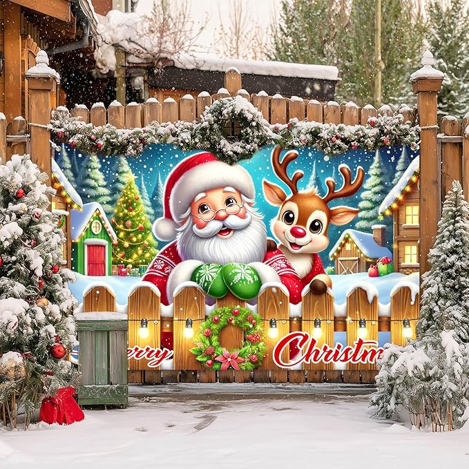 Merry Christmas Santa Reindeer Banner 71x43 Inches Merry Christmas Tree Scene Banner Holiday Photography Background Indoor Outdoor Seasonal Party Wall Decoration Winter Backdrop