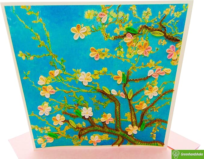 GREENHANDSHAKE Van Gogh's Almond blossom (1890) Quilling Art Greeting Card,Design Greeting Card for Birthday, Valentine's Day, Get Well, All Occasion. Framable Artwork for Art Lovers