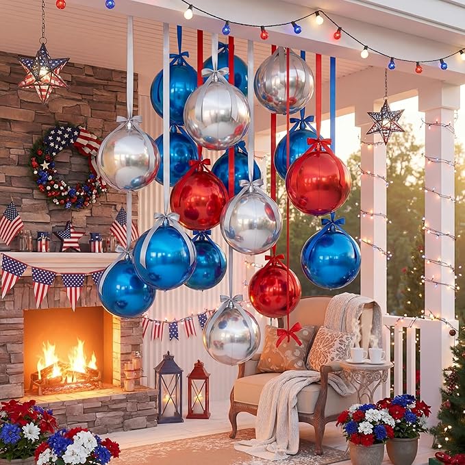 20 Pcs Large Red Blue Silver Metallic Foil Balloons 22 Inch Independence Day Giant 4d Round Ball Balloons with Ribbions for 250th Anniversary Birthday Wedding Baby Shower Tea Party Decor