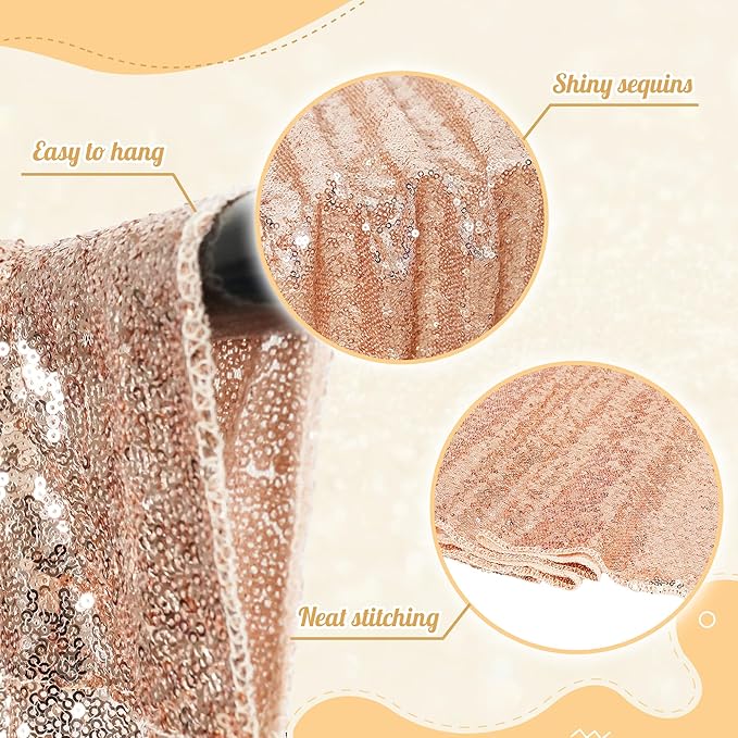 PartyDelight Rose Gold Sequin Backdrop 5x10ft 2 Panels - High Density 3mm Shimmer Sequin Background with 4-Inch Rod Pocket, Sparkly Photography Curtain for Wedding, Gala, Stage & Event Decoration