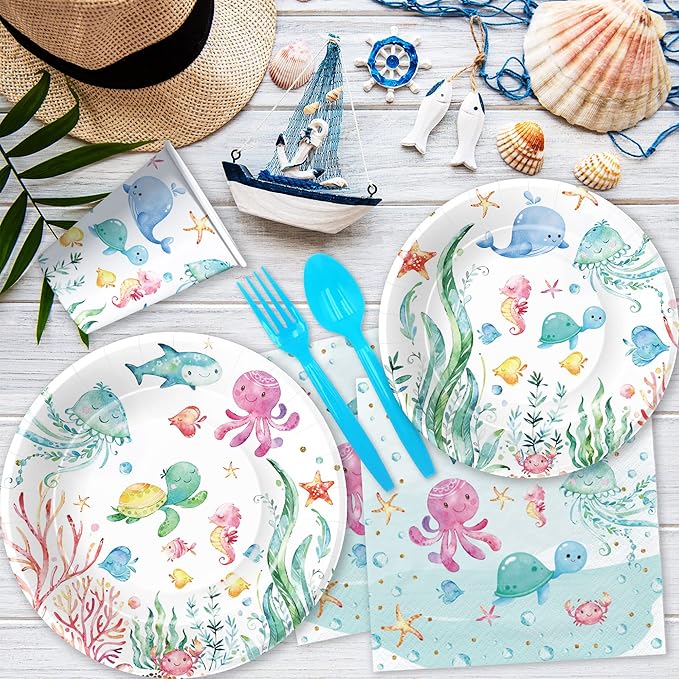 APOWBLS Under The Sea Party Decorations For Ocean Theme Birthday Baby Shower, Ocean Under The Sea Party Supplies, Plate, Cup, Napkin, Tablecloth, Cutlery, Underwater Sea Life Party Tableware, Serve 24