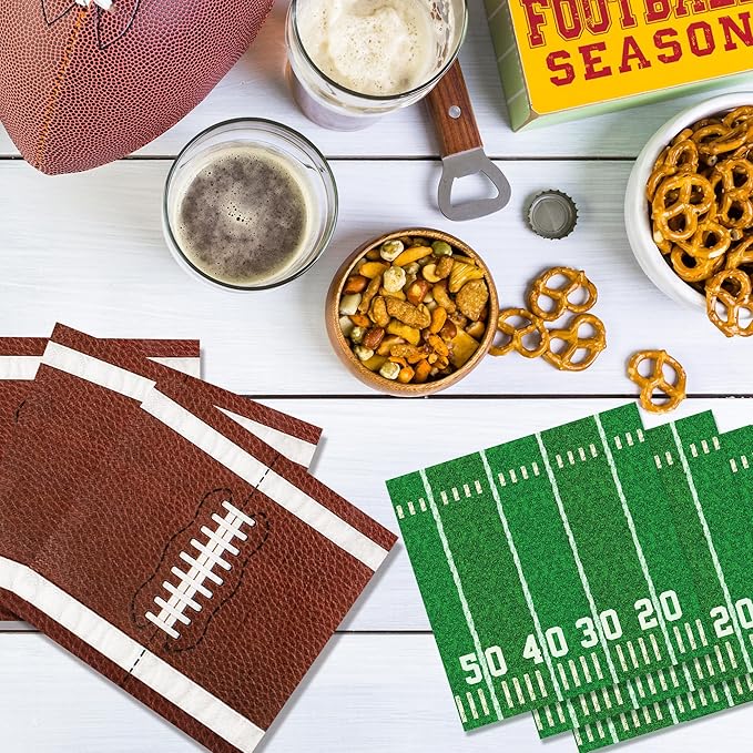 100-Pack Football Party Napkins, 2 Designs, 6.5x6.5 Inch Disposable Paper Napkins for Super Bowl, Football Birthday, Tailgate Party Decorations & Supplies
