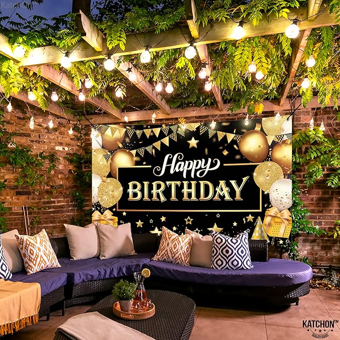 KatchOn, Happy Birthday Banner Black and Gold - Large 72x44 Inch | Happy Birthday Decorations for Men and Women | Black and Gold Birthday Backdrop | Birthday Party Decorations for Men & Women