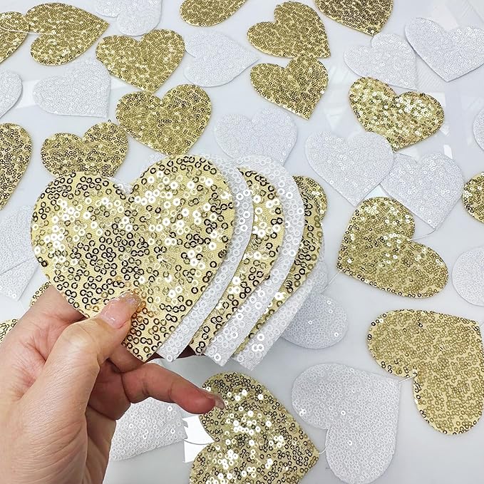 Gold and White Heart Decorations Double Sided Sequin 3D Heart Hanging Wall Art Ornament Garland for Nursery Classroom Bedroom Valentines Day Holiday Christmas Weeding Anniversary Home Wall Decor