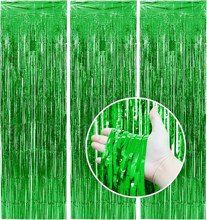 Homiest 3 Pack Green Tinsel Backdrop, 3.3x6.6 FT Metallic Tinsel Foil Fringe Curtains Party Decorations, Birthday Door Streamers for Baby Shower Wedding, Photo Booth Props Background Wall Decor