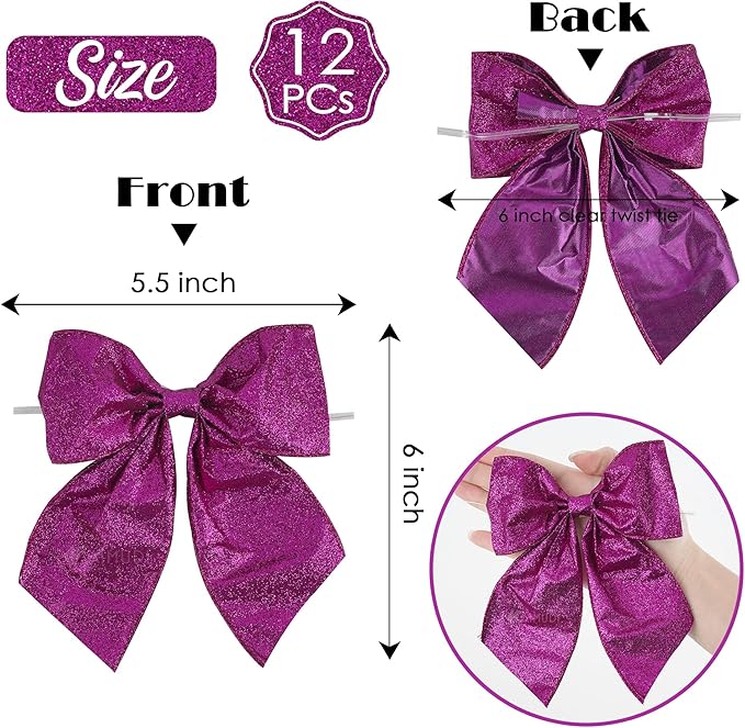 AIMUDI Purple Glitter Wired Ribbon Bows with Twist Tie 5.5" Premade Metallic Christmas Bows for Gift Wrapping, Wreath, Garland, Holiday Crafts Party Home Outdoor Christmas Tree Decorations, 12 PCs