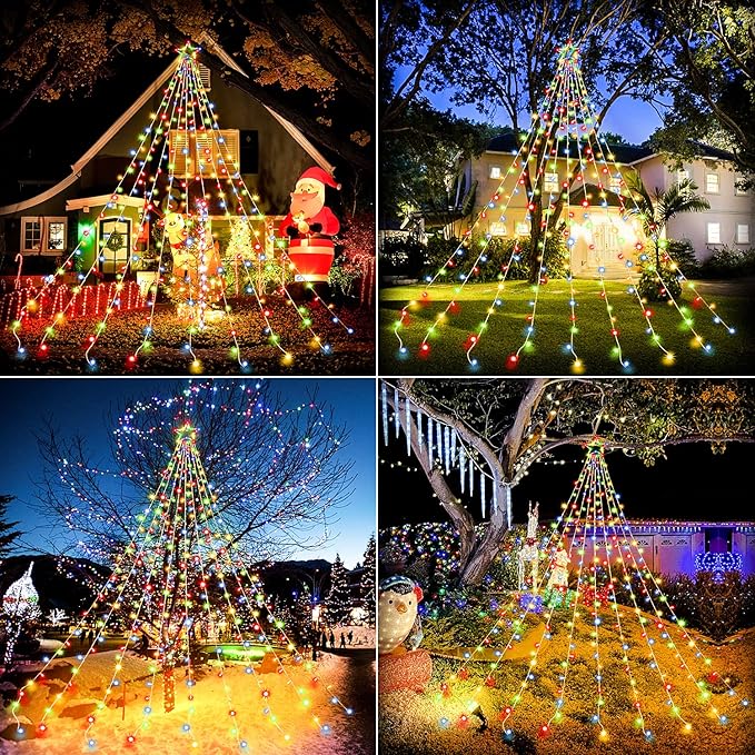 Christmas Decoration Lights, Outdoor Christmas String Lights 320 LED 11.5 Ft Waterfall Tree Light with Big Star Topper 8 Light Modes for Xmas New Year Holiday Garden Yard Indoor Outdoor Decor