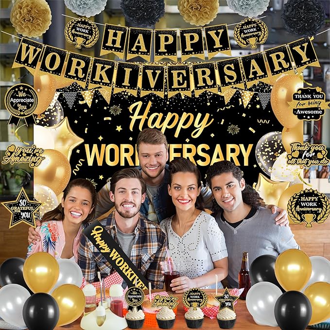 DARUNAXY Happy Workiversary Party Decorations for Men Women, Black Gold Happy Work Anniversary Banner Cake Topper Hanging Swirl Confetti Balloons Decor Set for Employee Office Party Supplies(31PC)