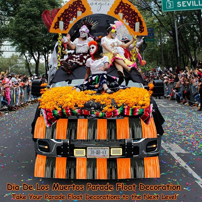 4 Packs Total 39 Feet Halloween Parade Floats for Trailer Car, Black Orange Foil Fringe Garland Tinsel Streamers Banner Table Skirts for Halloween Dia De Los Muertos Homecoming Birthday Party