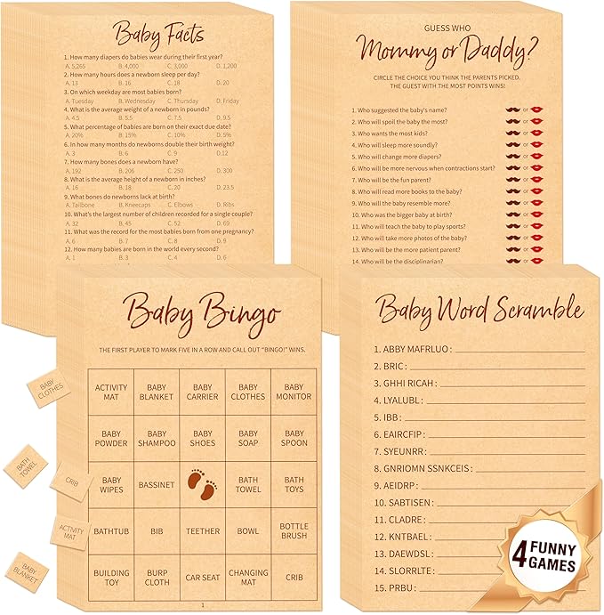 Baby Shower Game Set, Gender Neutral Bingo Game/Guess Who Mommy or Daddy/Word Scramble/Baby Trivia Fact Cards for Guest, Bridal Wedding Shower
