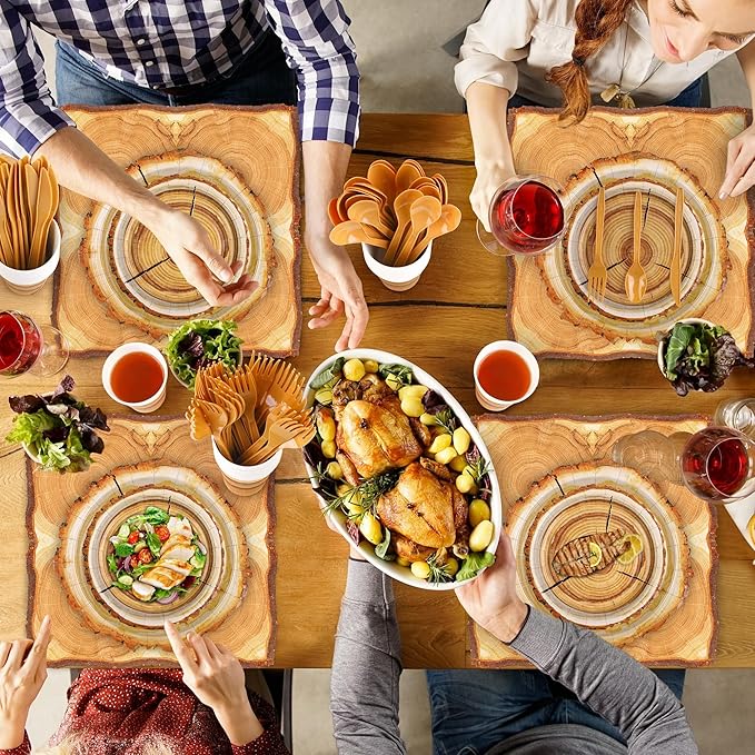Kochorie 175 Pieces Rustic Wood Slice Party Supplies Camping Wood Grain Slice Tableware Set 7 Inch and 9 Inch Paper Plates Napkins Cups Cutlery for Hunting Birthday Party Decorations, Serve 25 Guests