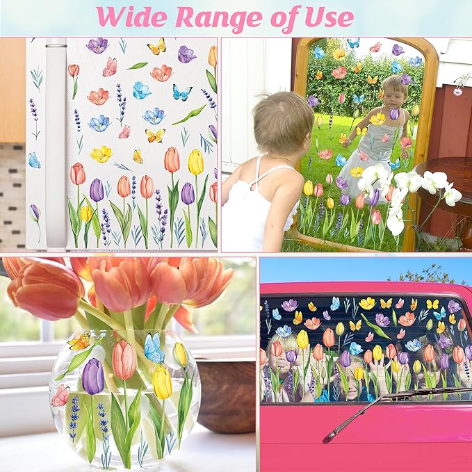 210PCS Spring Window Clings, 9 Sheet Spring Window Clings for Glass Windows with Tulip Flowers Butterfly, Double-Side Decals Stickers Decorations for Home Office Decor