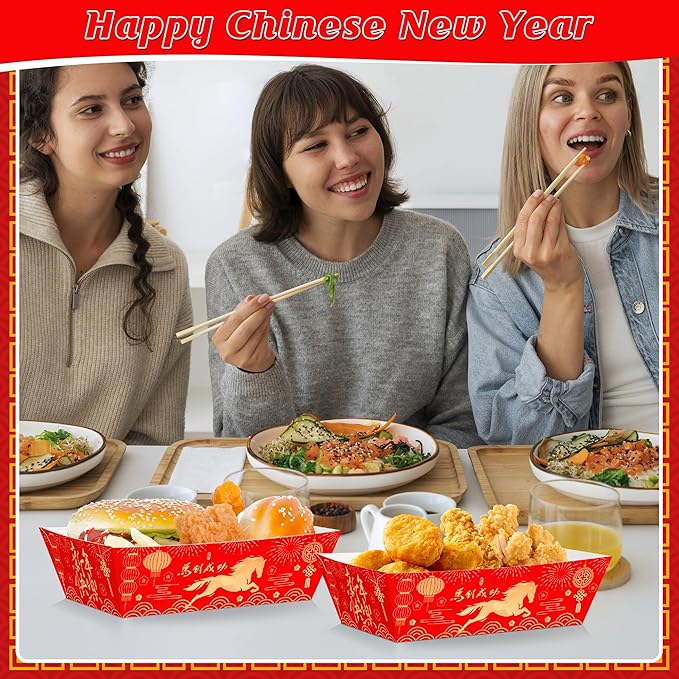 50 PCS Chinese New Year Decorations 2026, Spring Festival Food Paper Trays, Disposable Chinese New Year Candy Trays Food Boats, Year of The Horse Decorations for Taco Burger Popcorn