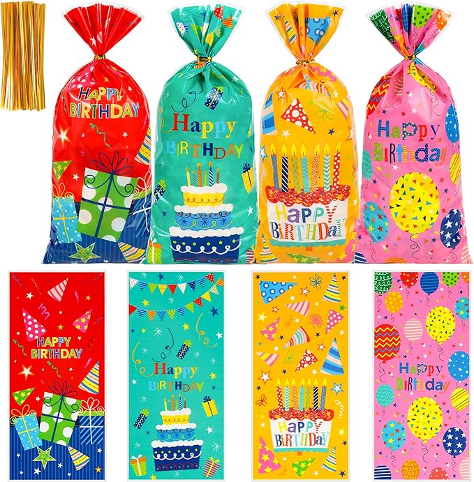 ZYLOP 50PCS Birthday Cellophane Treat Bags - Happy Birthday Goodie Bags with 60 Twist Ties for Kids BDAY Party Favors Wrapping, Packaging Candy Cookies Gifts, 4.9 x10.6 Inch, 4 Colorful Styles