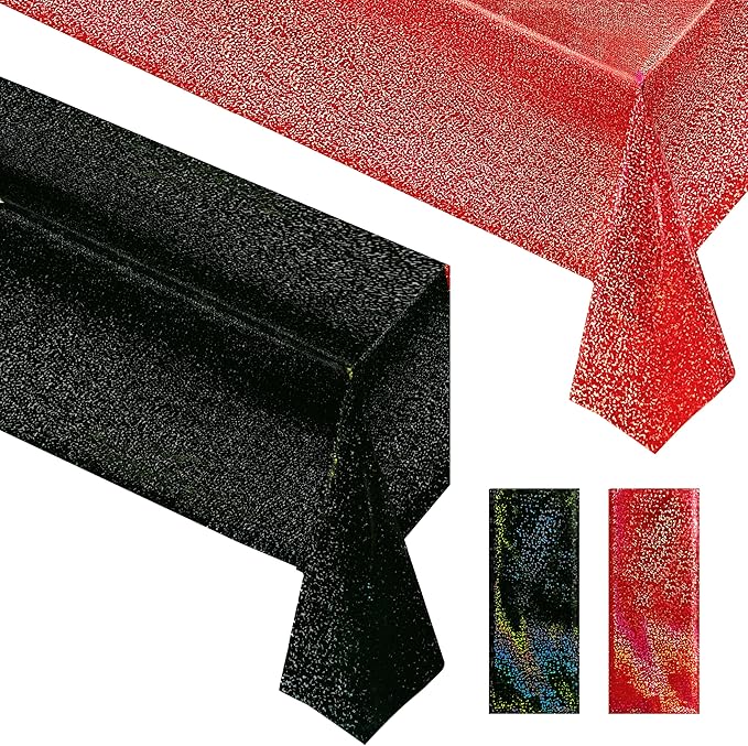 Sparkling Holographic Laser Tablecloth - Shimmering, Waterproof, Easy to Clean - Ideal for Halloween, Bachelorette, Birthday, Wedding, and Anniversary Party Decorations (Red & Black, 2)