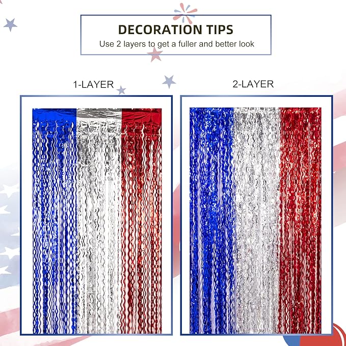 LOLStar 4th of July Decorations, 5 Pack Red White Blue Wavy Tinsel Foil Fringe Curtains, Memorial Day Photo Booth Prop Streamer Backdrop for Patriotic America Party, Independence Labor Day Decoration