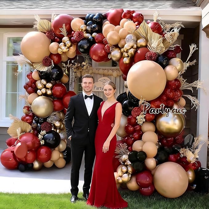 Burgundy Black Balloon Arch Kit Double Stuffed Nude Maroon Metallic Wine Red Apricot Balloon Garland with Gold Latex for Birthday Anniversary Wedding Bridal Graduation Mother's Day Party Decoration