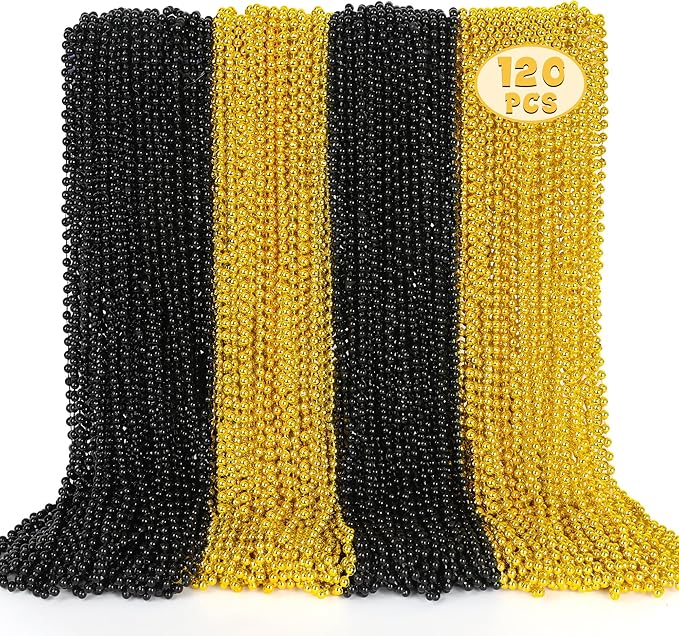 120PCS Black Gold Beads, New Years Eve Graduations Party Supplies, 33" Festival Black Gold Beaded Necklace Accessories Bulk, New Years Graduations Mardi Gras Parade Throw Accessories