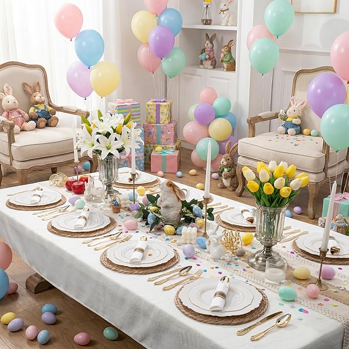 Liacere 350PCS Ivory Plastic Plates - Cream Disposable Plates With Gold Rim - 50Guest Baroque Plastic Dinnerware include 100 Plates - 50 Pack Pre Rolled Napkins Silverware 50Cups for Wedding＆Easter