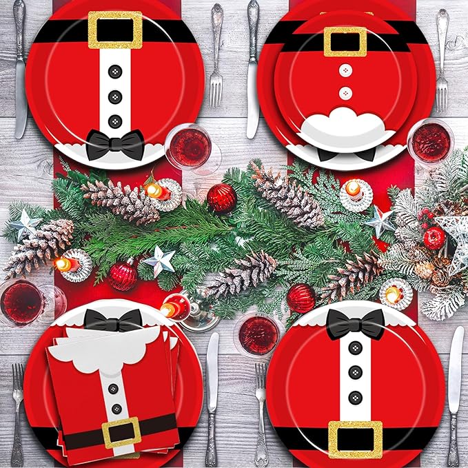 96 Pcs Santa Christmas Paper Plates Santa Claus Suit Disposable Party Plates Napkins Set Merry Christmas Holiday Dinnerware Party Decoration Supplies, Serves 24