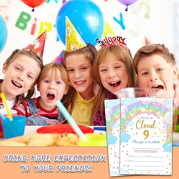 9th Birthday Invitations Cards, 4"x 6" Rainbow Clouds Birthday Party Invites with Envelopes for Party Decorations Supplies(20 Pieces) -D04