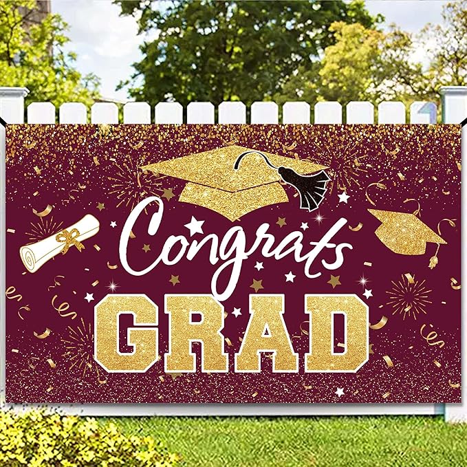 Graduation Party Decorations - Maroon Gold Congrats Grad Class of 2026 Backdrop Banner Large Sign Wall Decorations Photography Background Party Supplies for 2026 Graduation Party Decorations