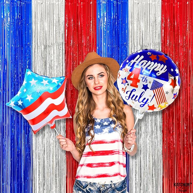 KatchOn, Red White and Blue Streamers - Xtralarge, 8x6.4 Feet, Pack of 2 | Red White And Blue Fringe Curtain for White Trash Party Decorations