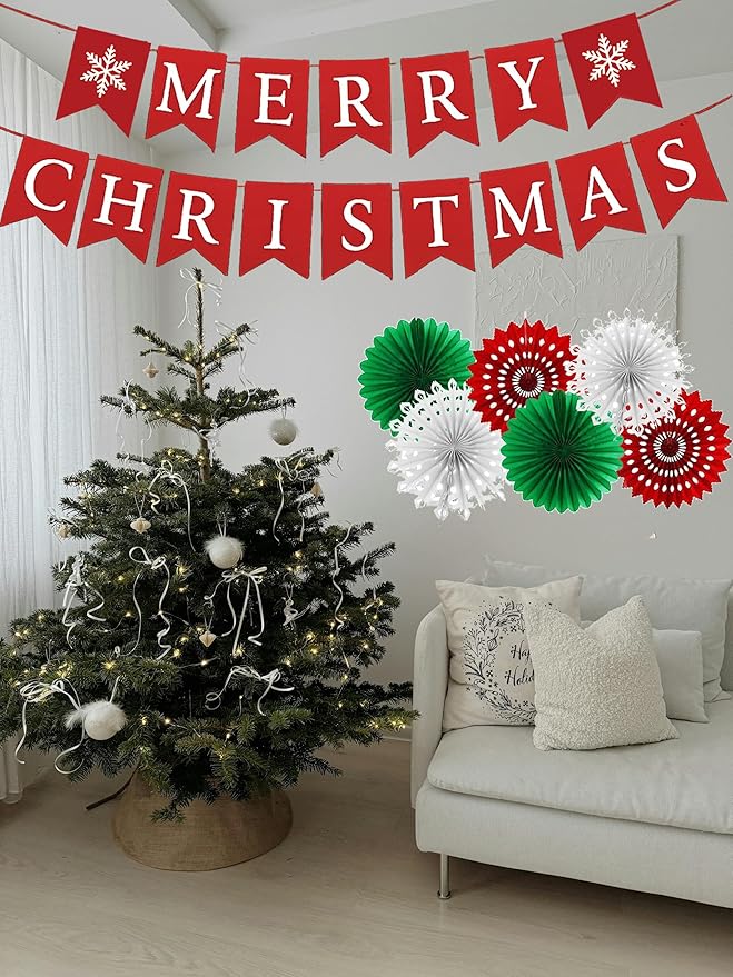 Christmas Party Decorations Set – Merry Christmas Banner, Red Green White Tassel Garland, Paper Fans & Hanging Swirl Ornaments with Xmas Cutouts – Holiday Christmas Decorations for Home, Office, School