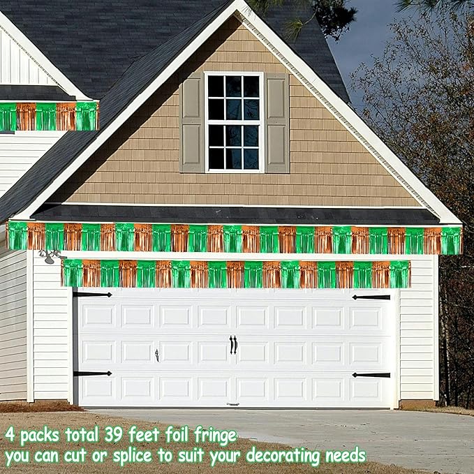4 Packs Total 39 Ft Super Ball Parade Floats for Trailer Car, Green Brown Foil Fringe Garland Tinsel Streamers Hanging Backdrop Banner Table Skirts for Graduation Homecoming Birthday Football Party